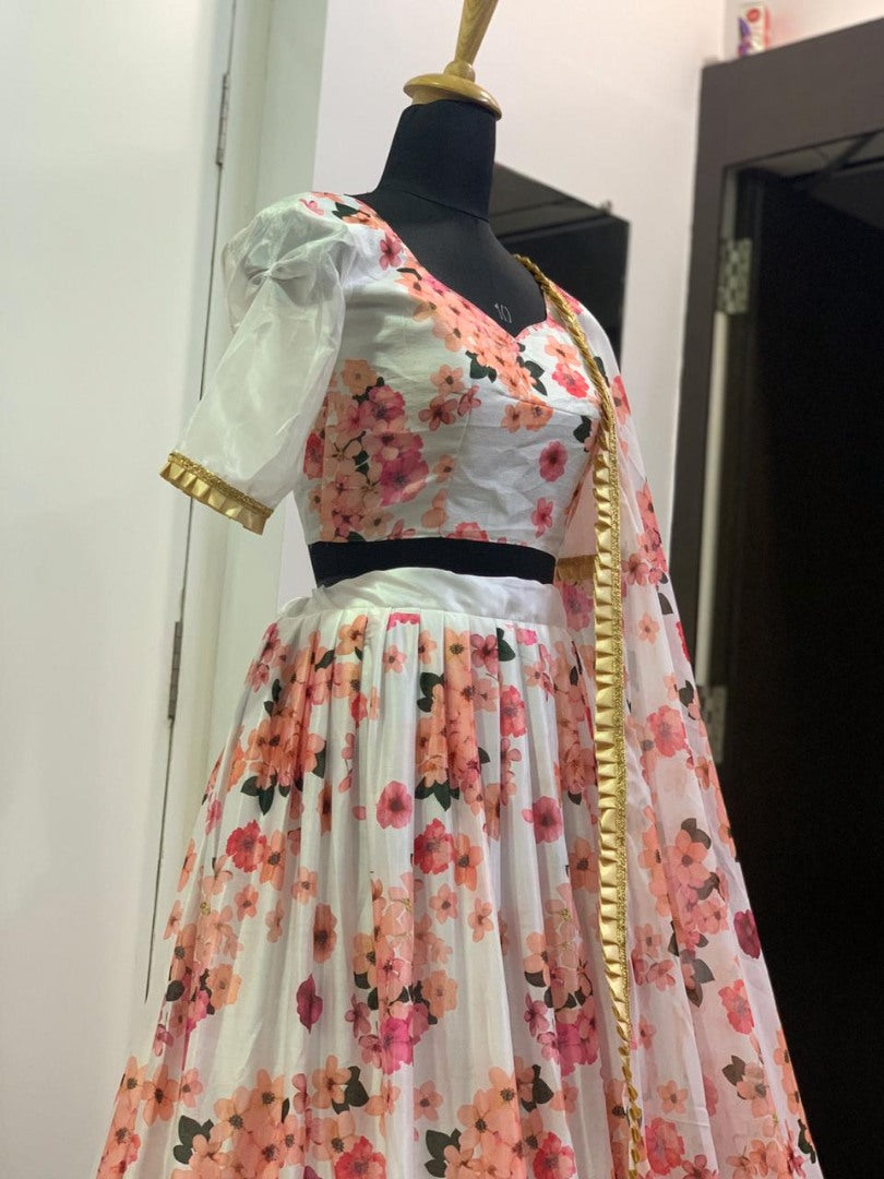 White soft silk floral digital printed lehenga choli