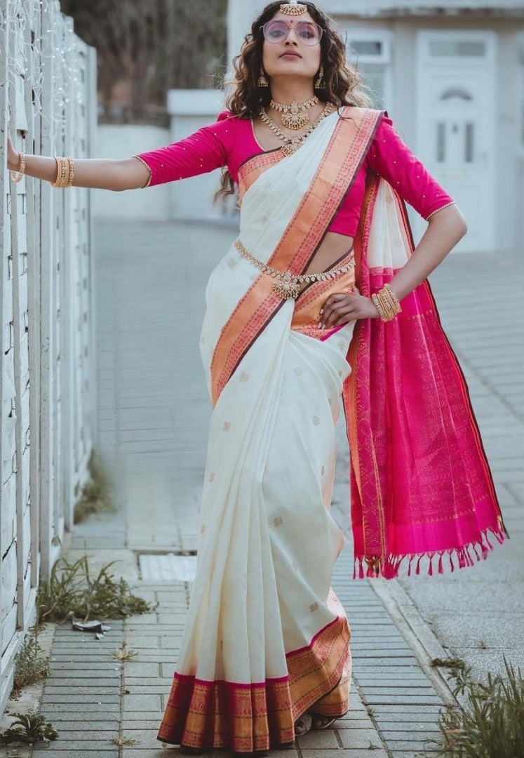 White soft silk heavy jacquard weaving work wedding saree