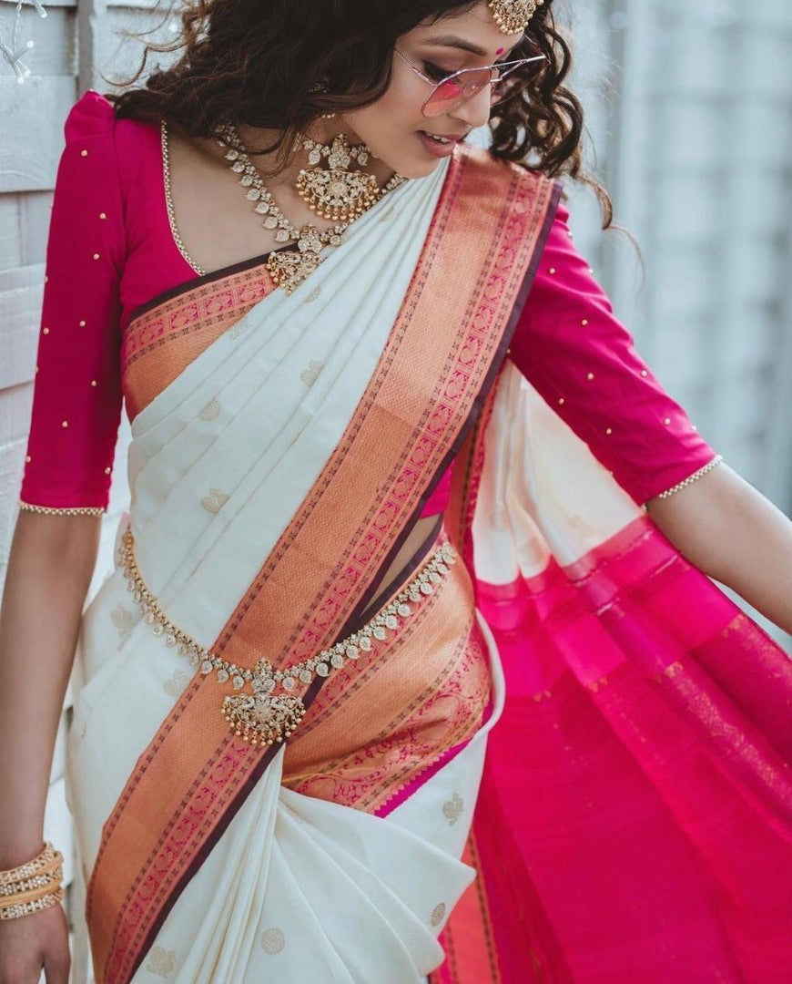 White soft silk heavy jacquard weaving work wedding saree