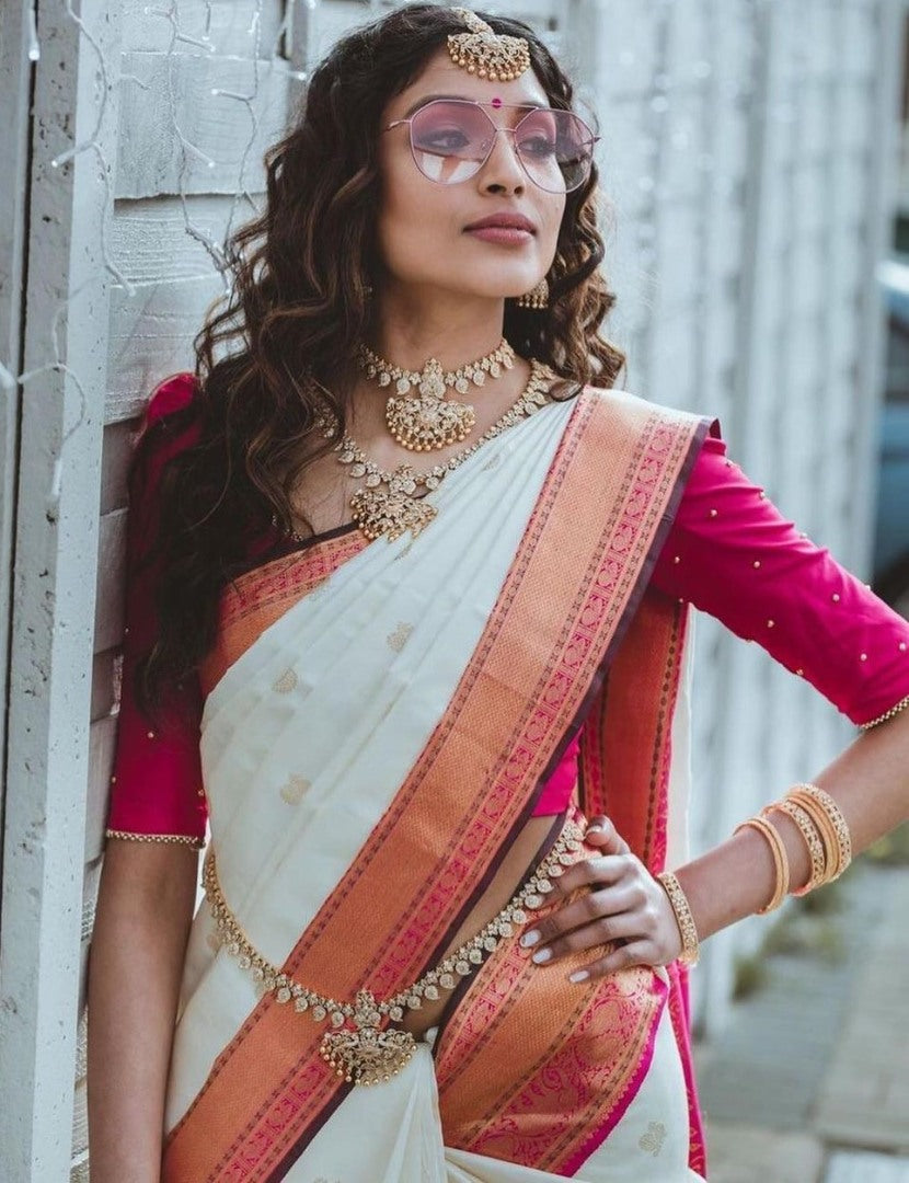 White soft silk heavy jacquard weaving work wedding saree