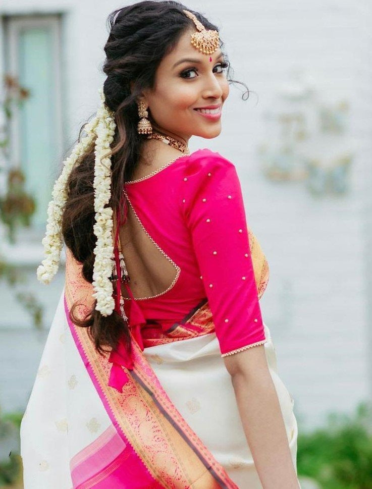 White soft silk heavy jacquard weaving work wedding saree