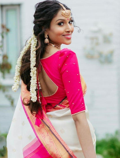 White soft silk heavy jacquard weaving work wedding saree