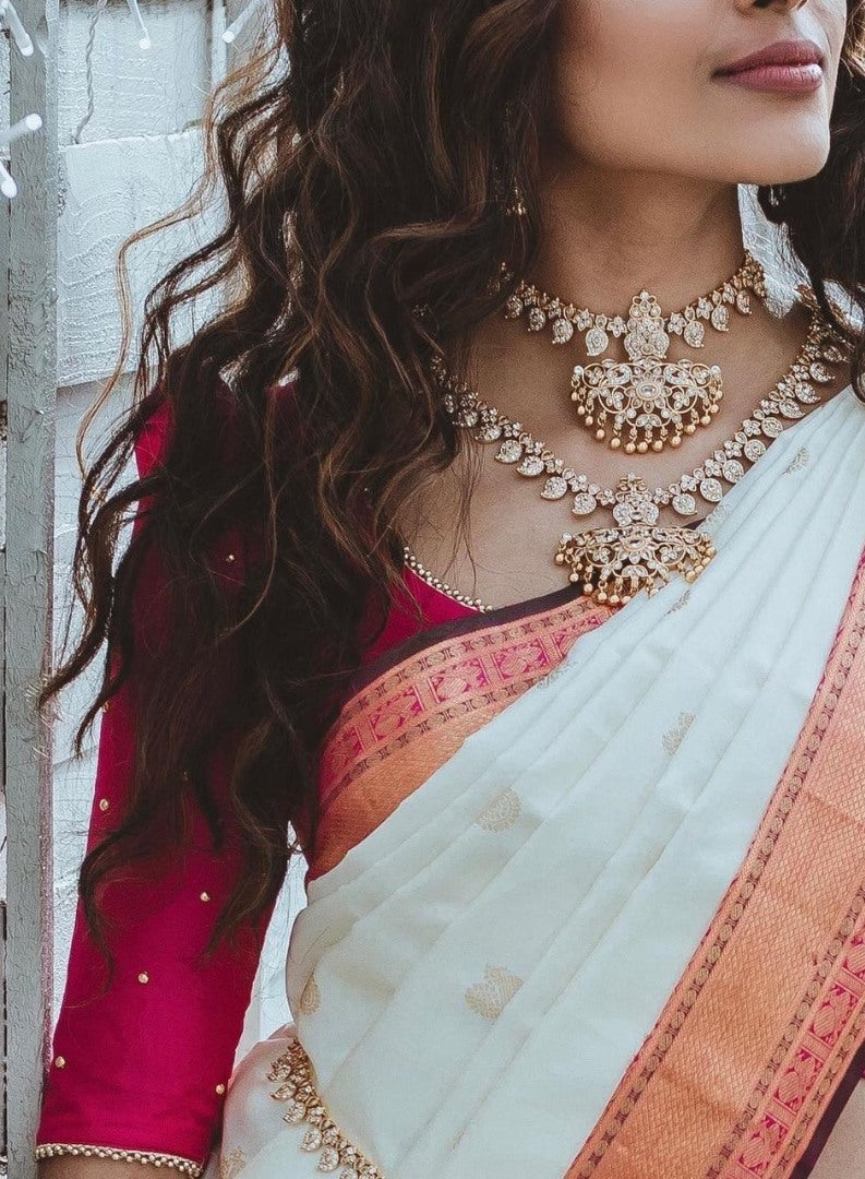 White soft silk heavy jacquard weaving work wedding saree