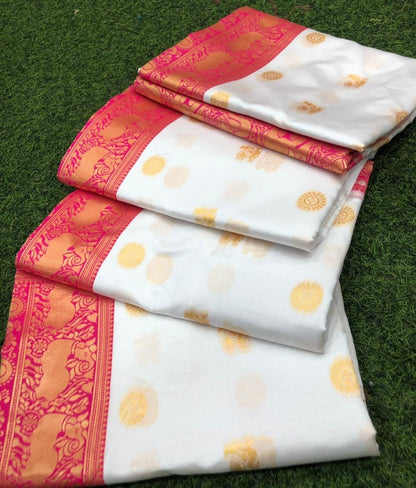 White soft silk heavy jacquard weaving work wedding saree