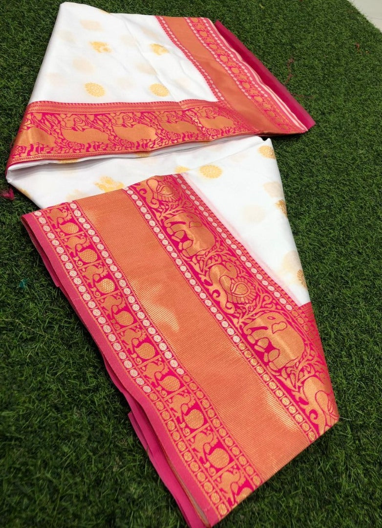 White soft silk heavy jacquard weaving work wedding saree