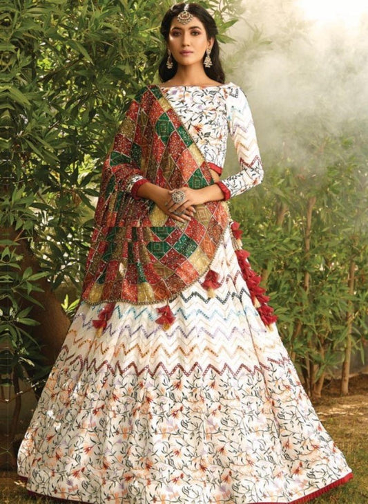 White taffeta silk embroidered foil mirror work traditional lehenga choli