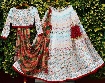 White taffeta silk embroidered foil mirror work traditional lehenga choli
