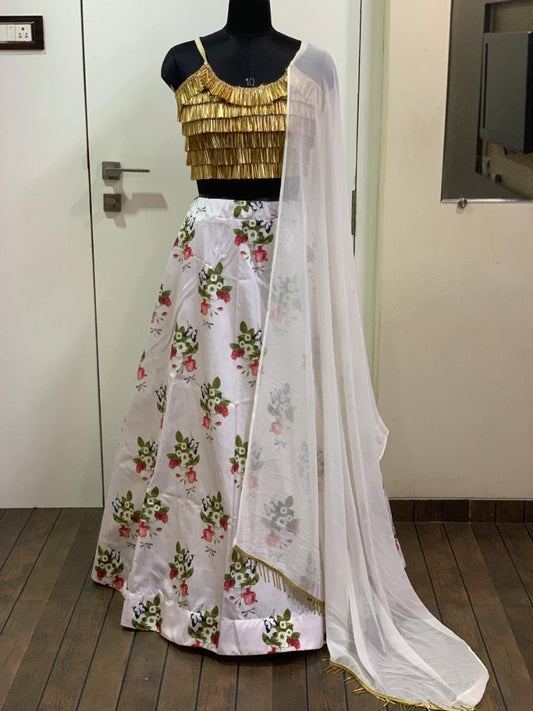 White tapeta silk flower printed lehenga choli with tassel work blouse