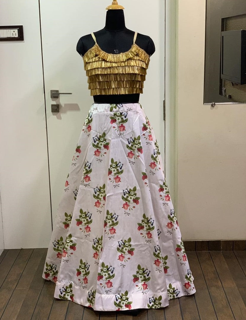 White tapeta silk flower printed lehenga choli with tassel work blouse