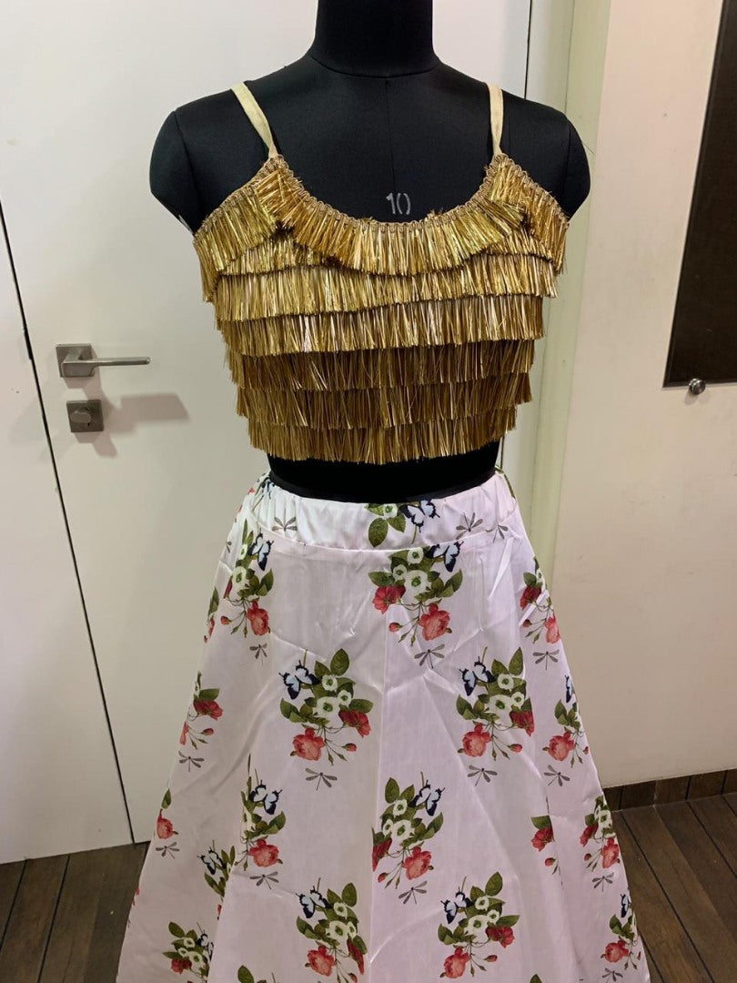 White tapeta silk flower printed lehenga choli with tassel work blouse