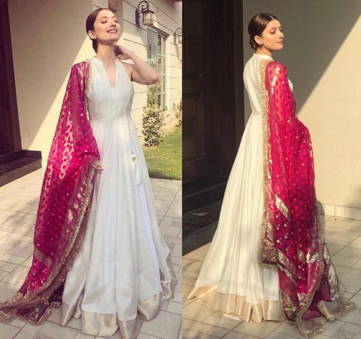 White tapeta silk gown with heavy thread work dupatta
