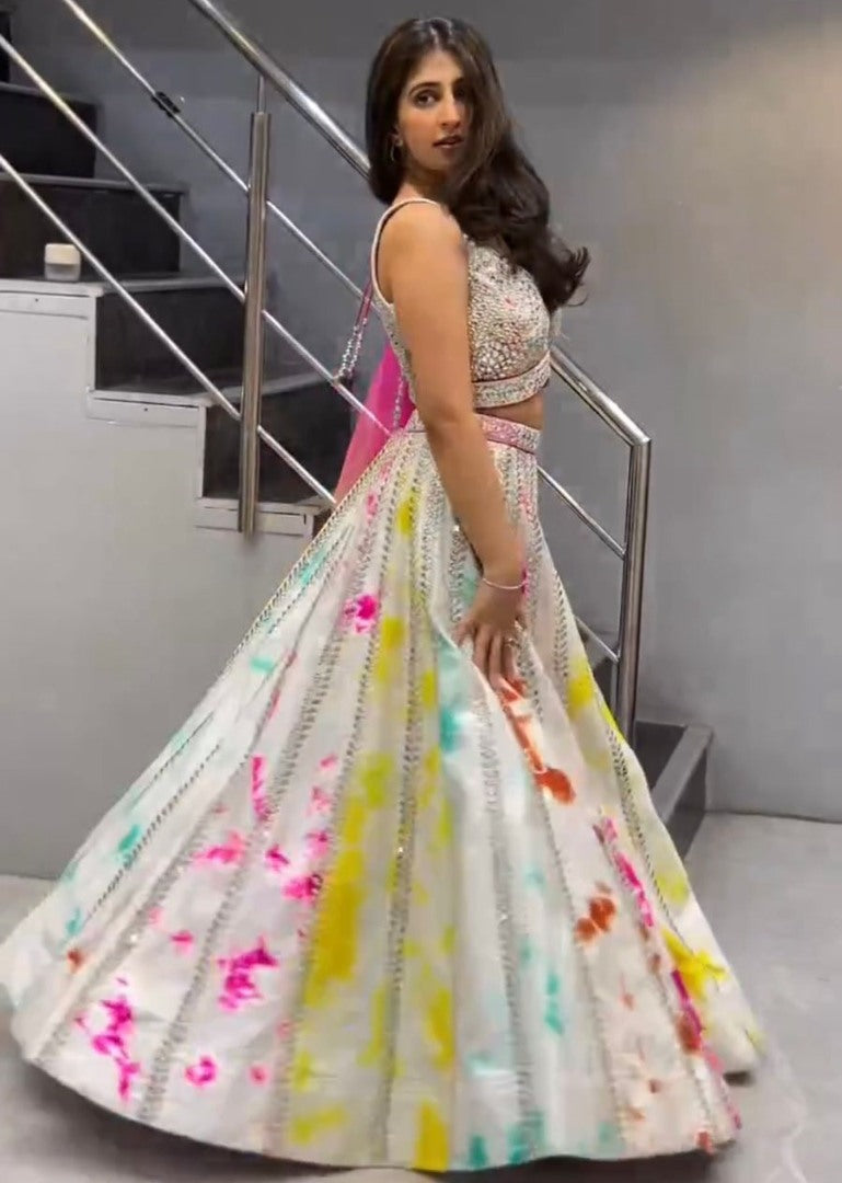 White tapeta silk multicolor print and sequence work wedding lehenga