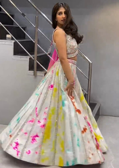 White tapeta silk multicolor print and sequence work wedding lehenga