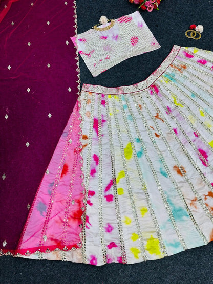 White tapeta silk multicolor print and sequence work wedding lehenga