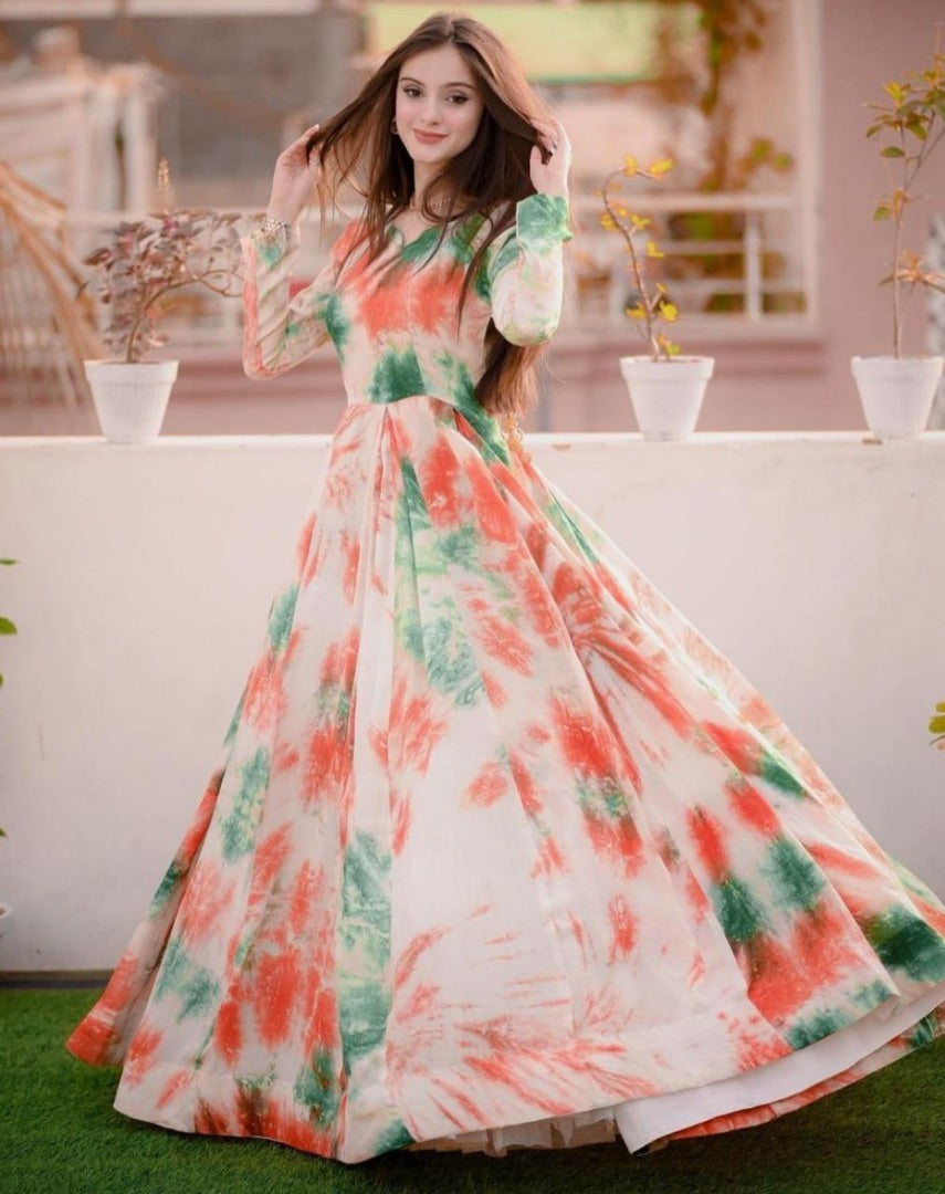 White tapeta silk multicolor printed gown