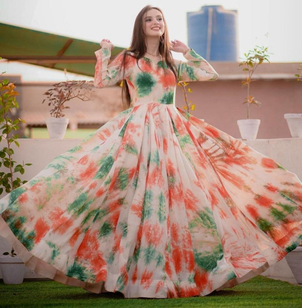 White tapeta silk multicolor printed gown