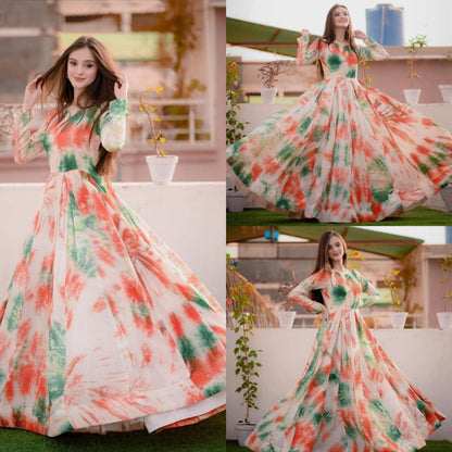 White tapeta silk multicolor printed gown