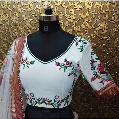 white tapeta silk multicolored heavy threadwork wedding lehenga choli