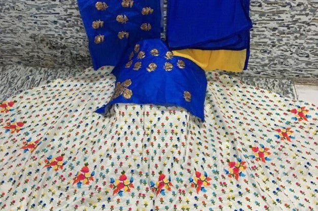 white zill mill silk multicolored threadwork ceremonial lehenga