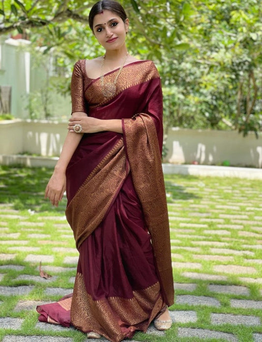 Wine banarasi kota silk jacquard weaving work wedding saree