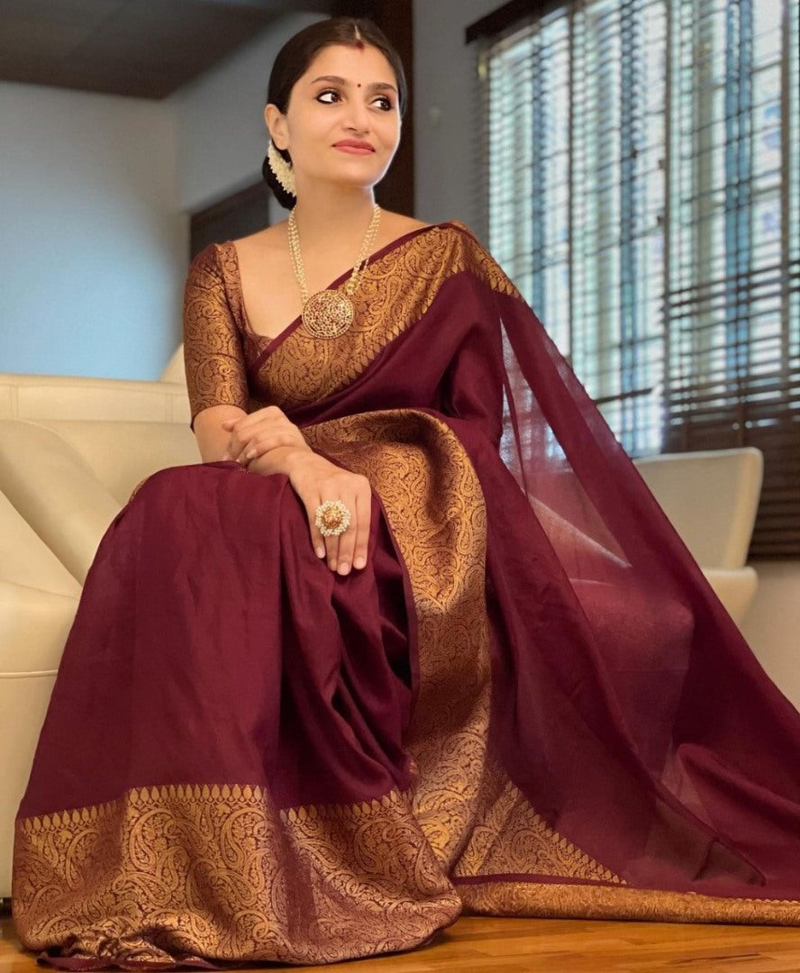 Wine banarasi kota silk jacquard weaving work wedding saree