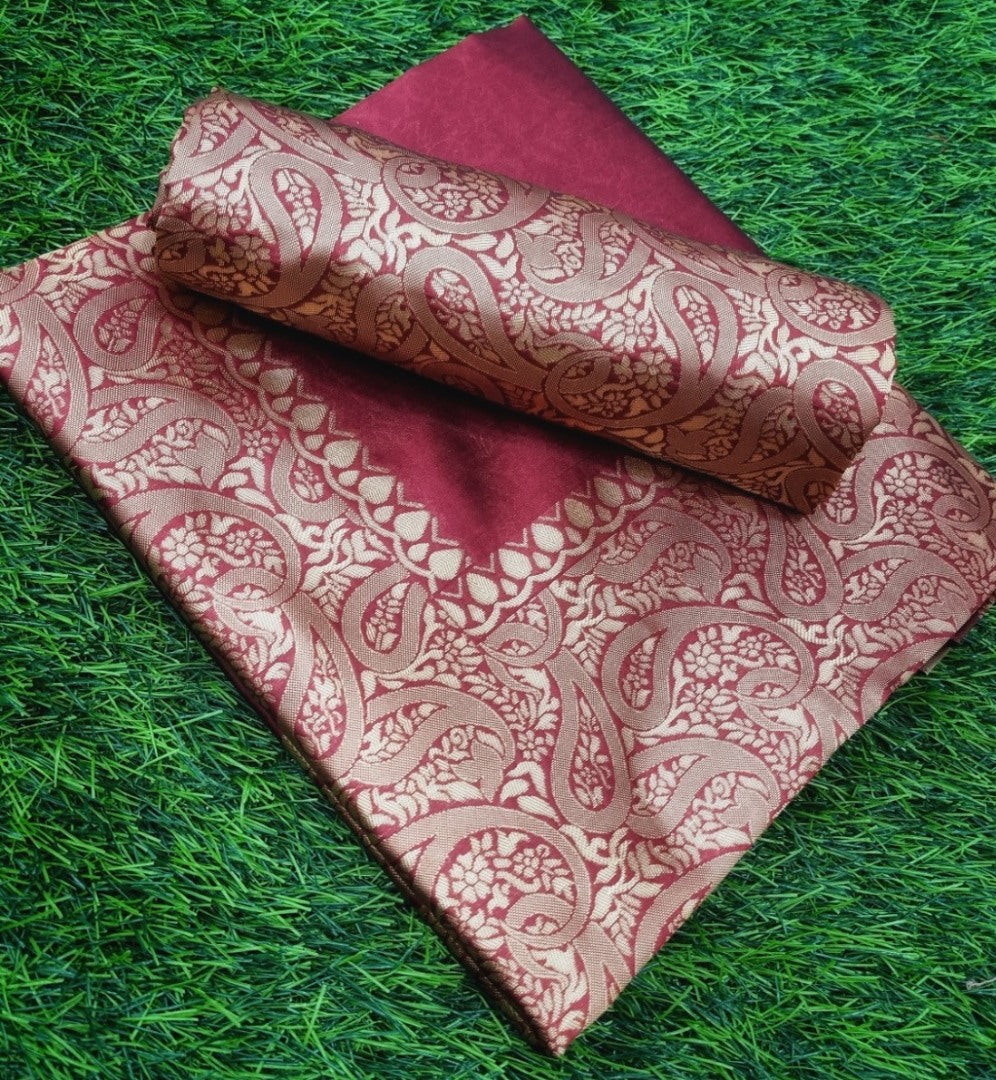 Wine banarasi kota silk jacquard weaving work wedding saree