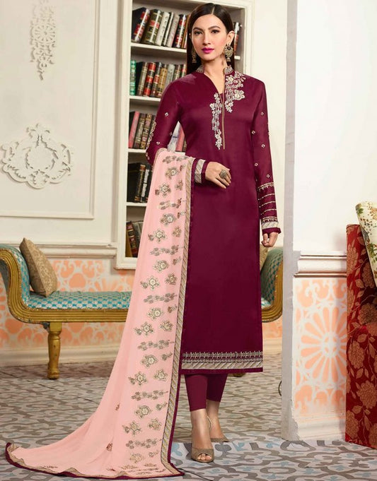 Wine Colored Georgette & Satin Digital Zari & Resham Embroidered Semi Stitched Salwar Suit