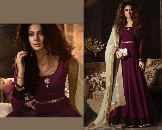 Wine Colored Silky Georgette & Velvet Lace work with Velvet Patta Semi Stitched anarkali Suit