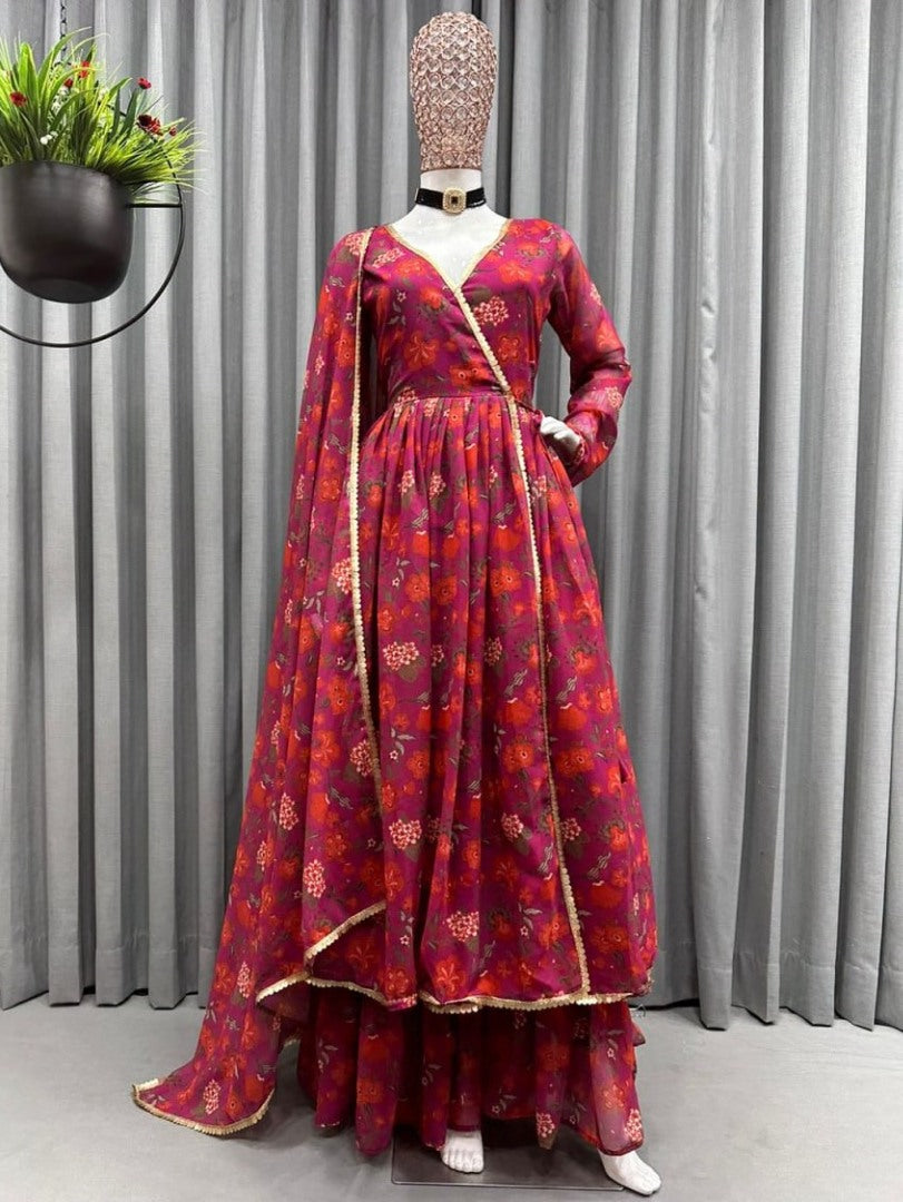 Wine floral printed kedia style anarkali suit with sharara bottom