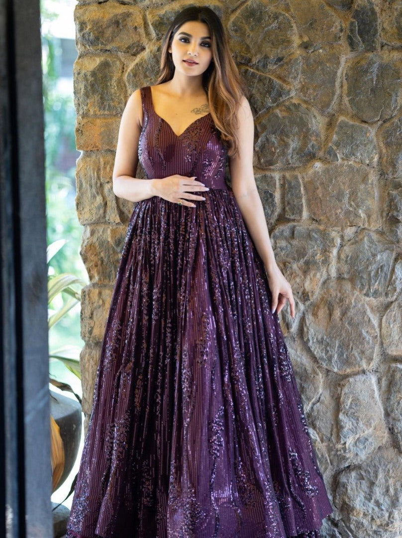 Wine georgette heavy sequence embroidery work wedding gown