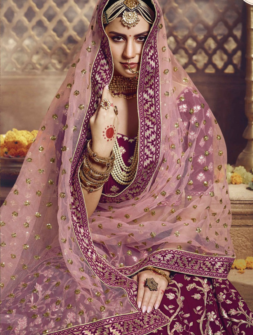 Wine georgette sequence thread work bridal lehenga choli