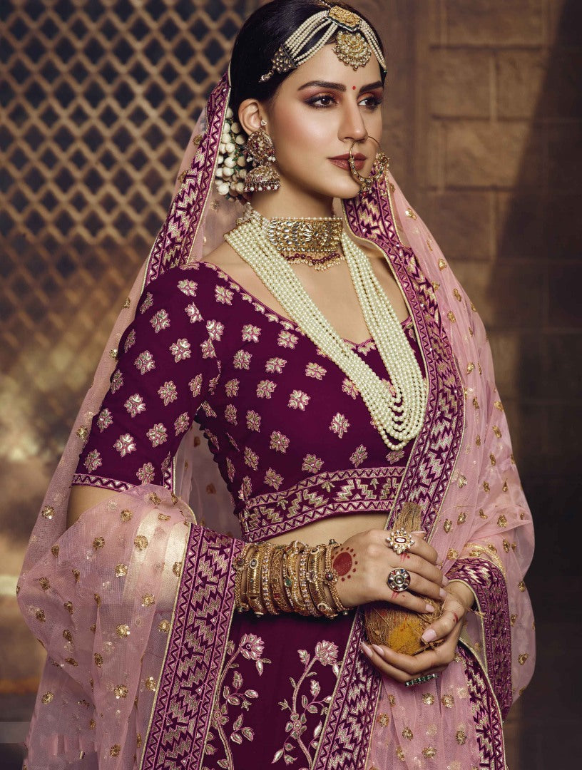 Wine georgette sequence thread work bridal lehenga choli