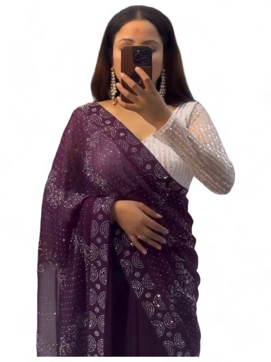 Wine georgette shiny hot fix work party wear saree