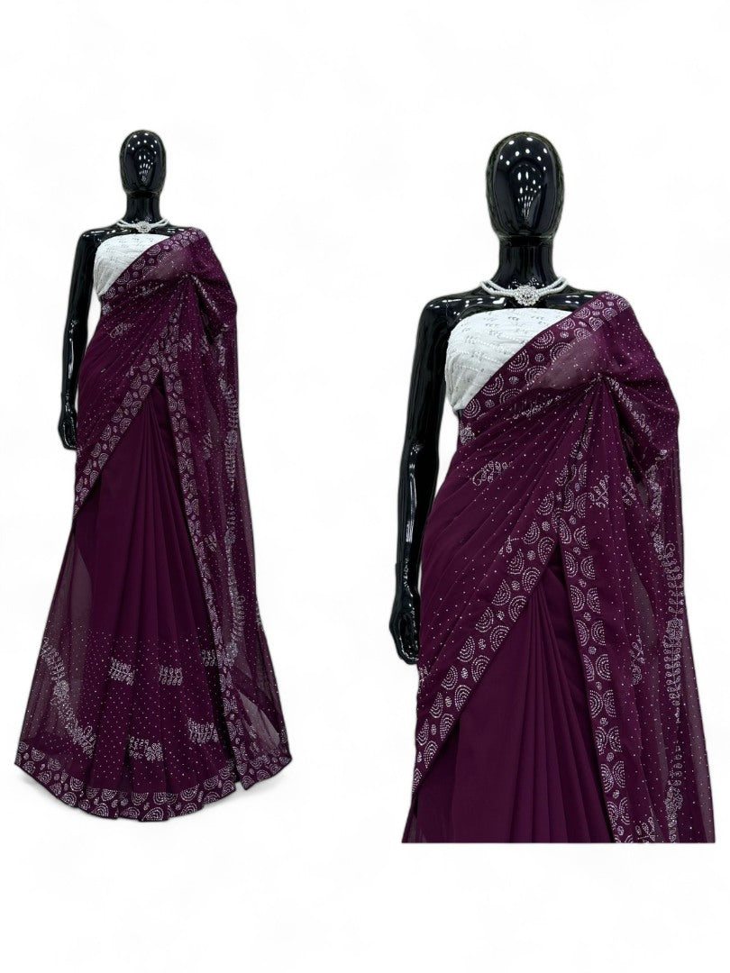 Wine georgette shiny hot fix work party wear saree