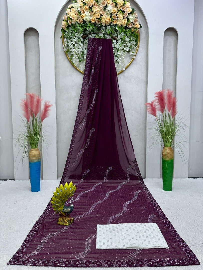 Wine georgette shiny hot fix work party wear saree