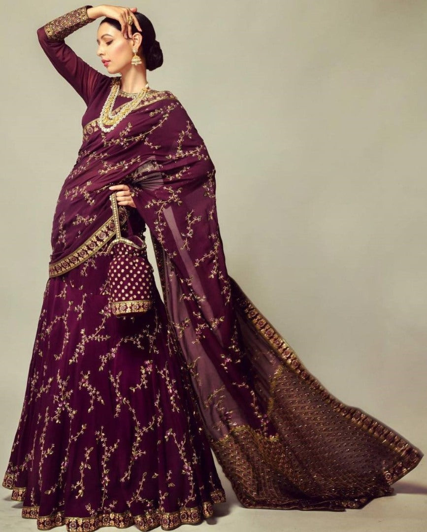 Wine heavy embroidered ready to wear wedding lehenga saree