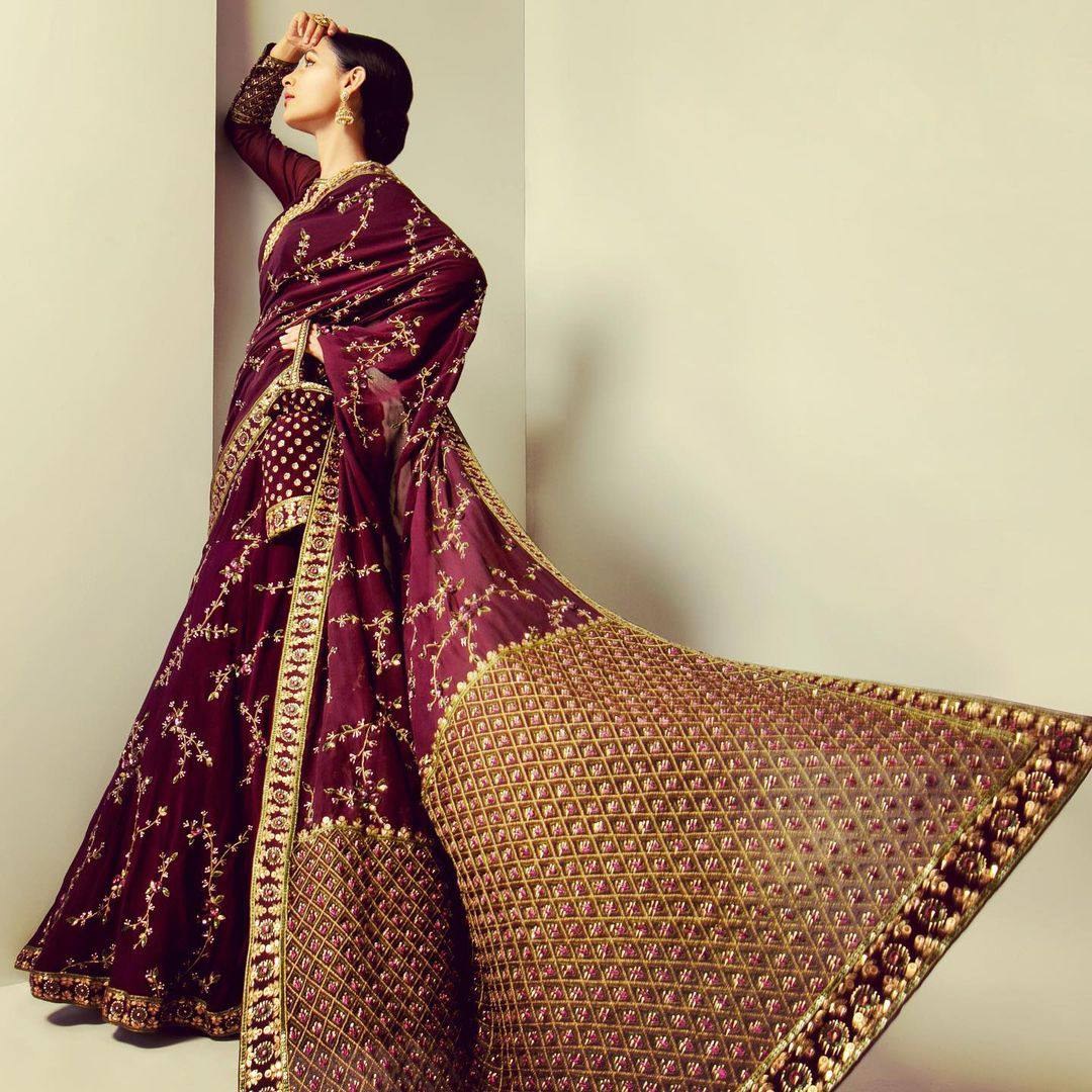 Wine heavy embroidered ready to wear wedding lehenga saree