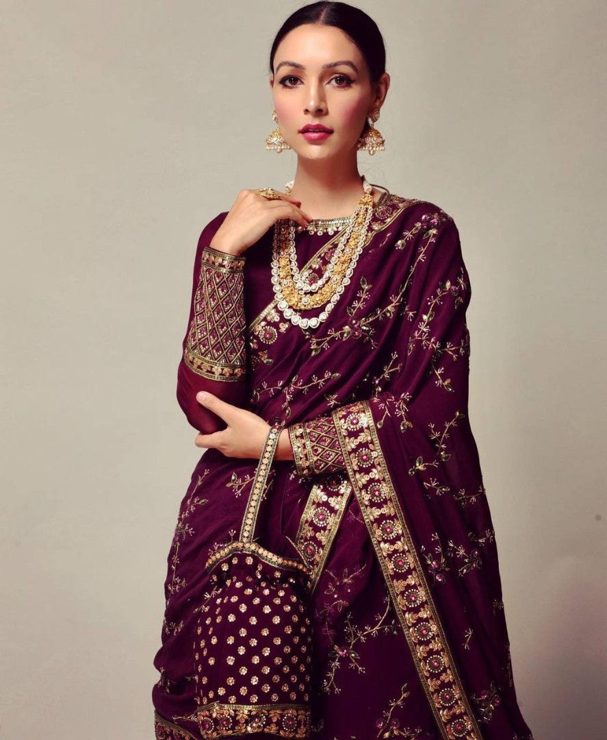 Wine heavy embroidered ready to wear wedding lehenga saree