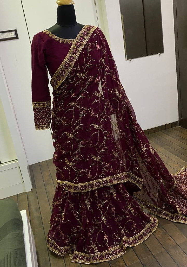 Wine heavy embroidered ready to wear wedding lehenga saree