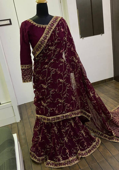Wine heavy embroidered ready to wear wedding lehenga saree