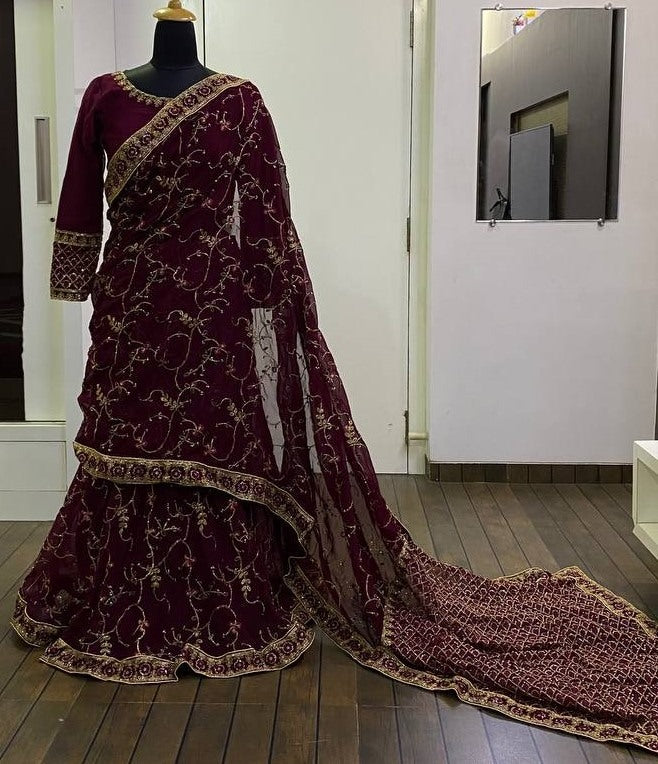Wine heavy embroidered ready to wear wedding lehenga saree