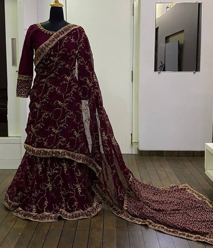 Wine heavy embroidered ready to wear wedding lehenga saree