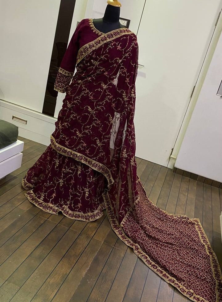 Wine heavy embroidered ready to wear wedding lehenga saree