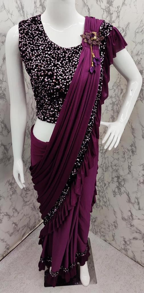 Wine imported fabric embroidered sequence work saree