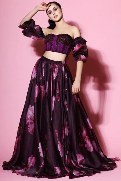 Wine italian silk digital printed crop top lehenga