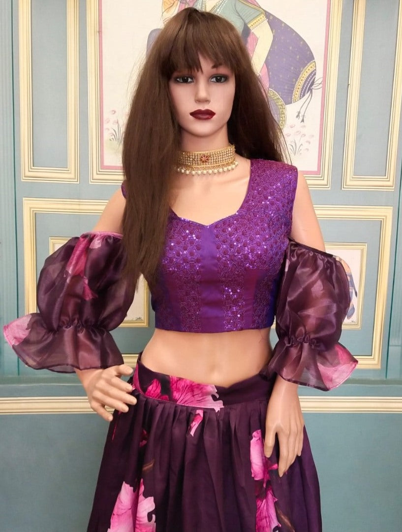 Wine italian silk digital printed crop top lehenga