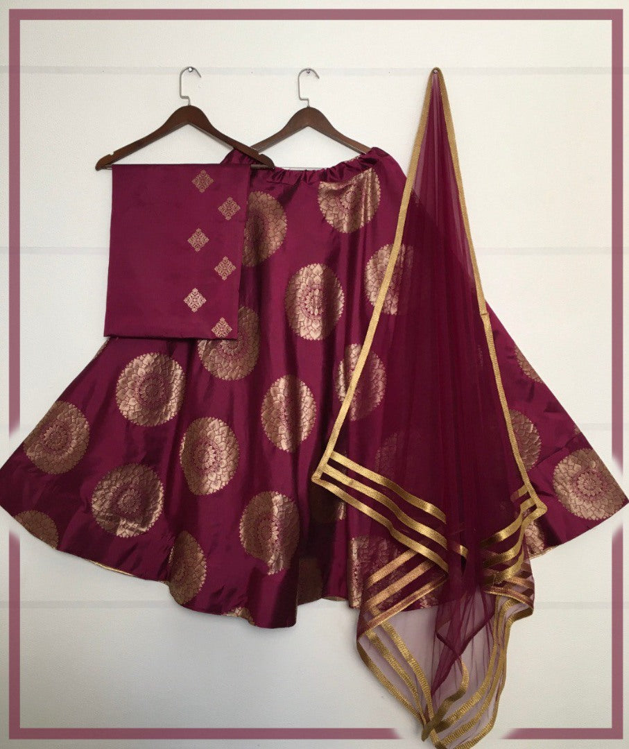Wine jacquard banarasi silk wedding lehenga