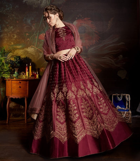 Wine maroon designer heavy embroidered wedding lehenga choli