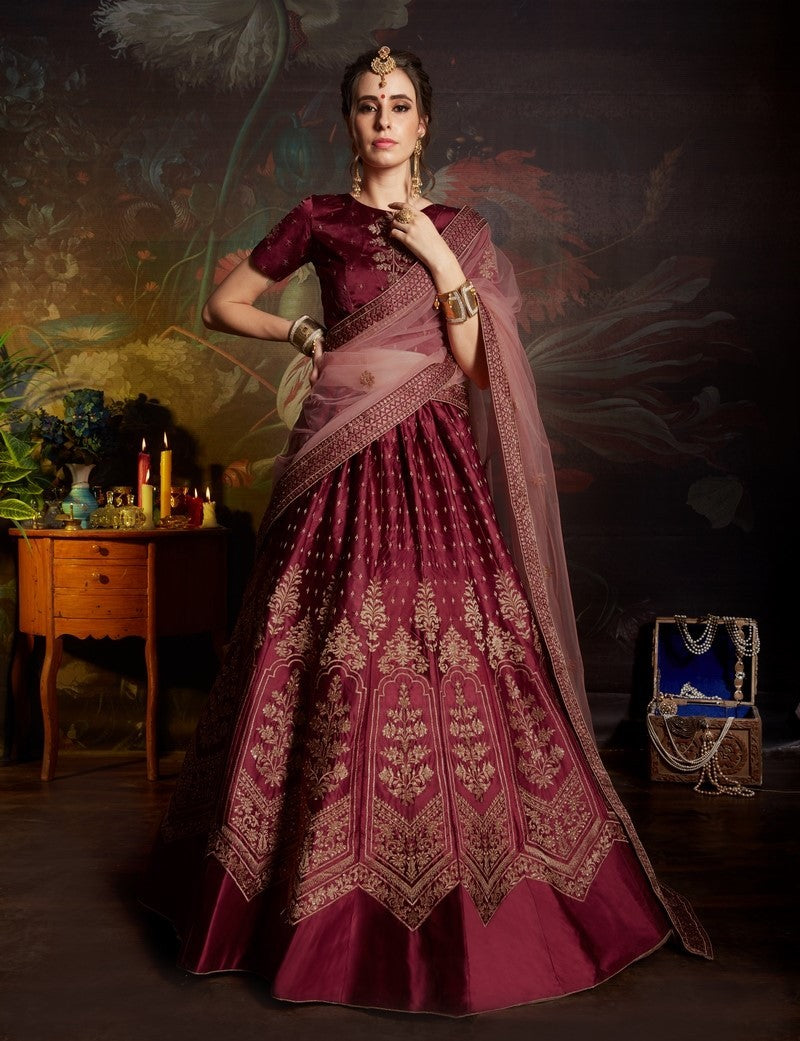 Wine maroon designer heavy embroidered wedding lehenga choli