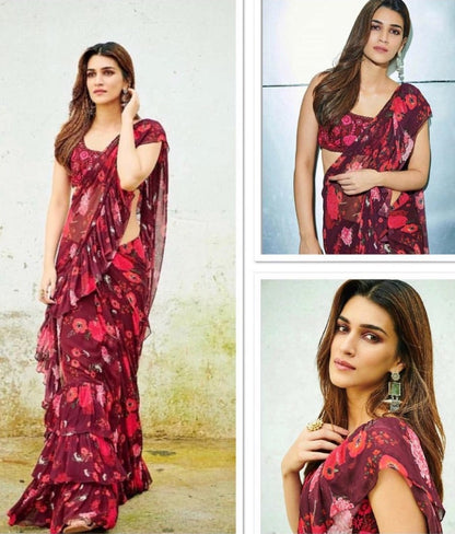 Wine maroon georgette floral printed ruffle saree